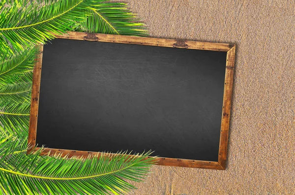 Palm trees and blackboard on sandy beach