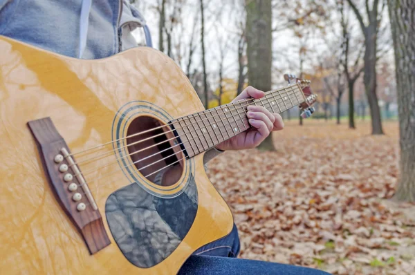 Young man holding acoustic guitar on bench in autumn park