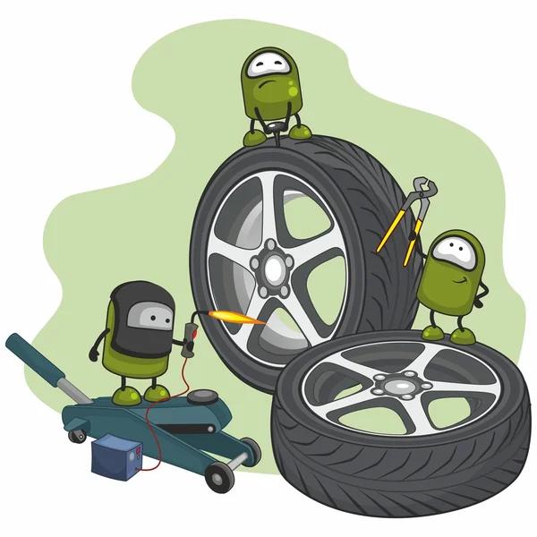 Small characters repairing car wheels
