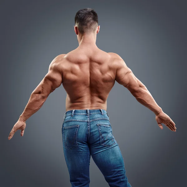 Male bodybuilder flexing his back muscles