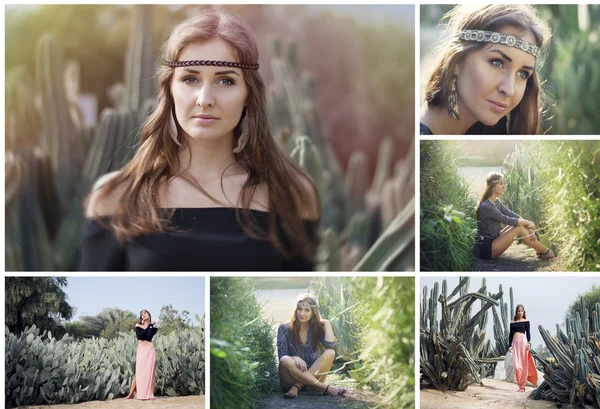 Boho styled collage: young european woman dressed like a hippie