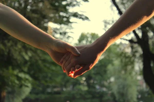 Two young girls walk holding hands in the park in the evening