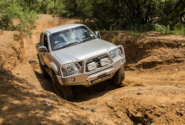 Four-wheel drive vehicle Toyota Hilux  is doing off-road trail.