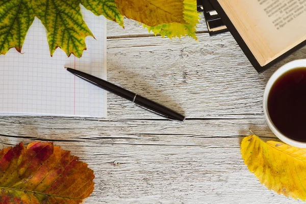 Framing part of an open book, a notebook with a pen, cup and aut