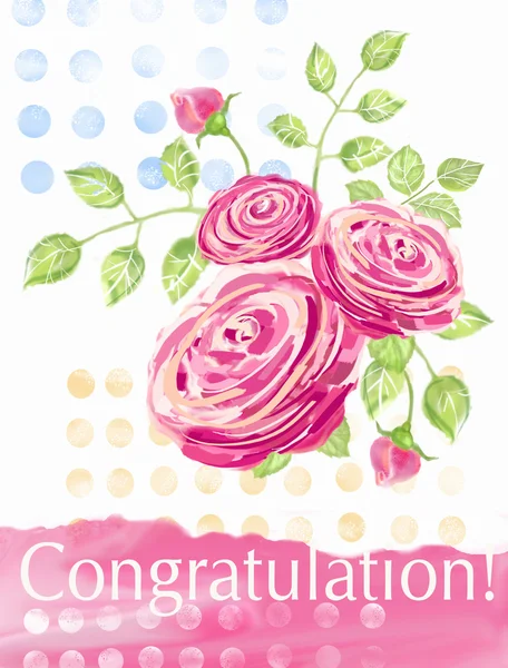 Congratulation card with bouquet of roses and polka dots pattern.