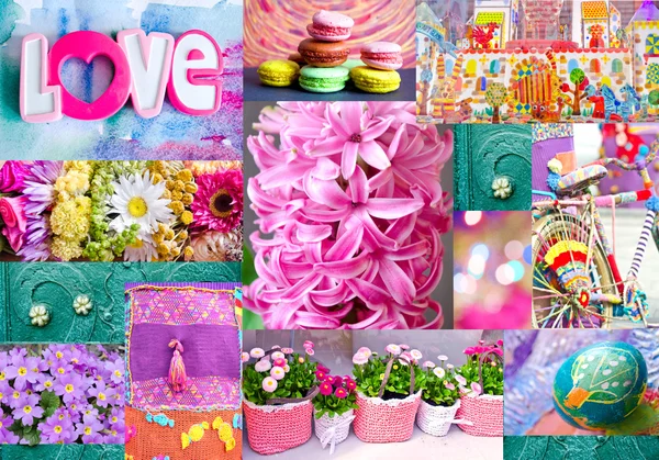 Interesting colorful collage with flowers, easter egg, toy city and toys, bicycle, macaroons, forged ornament.