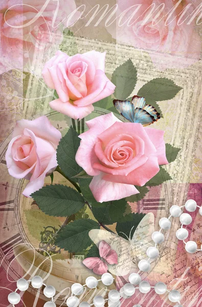 Postcard flower. Romantic beautiful congratulations card design with roses, butterflies and pearl necklace. Can be used as greeting card, invitation for wedding, birthday and other holiday happening.