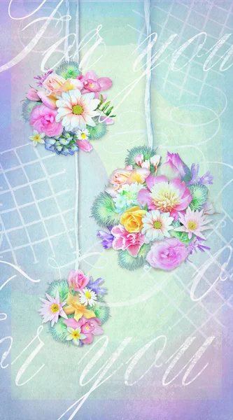Colorful bouquets of various flowers isolated on a tender shabby chic gradient background with text for you. Can be used as greeting card, invitation for wedding, birthday and other holiday happening.