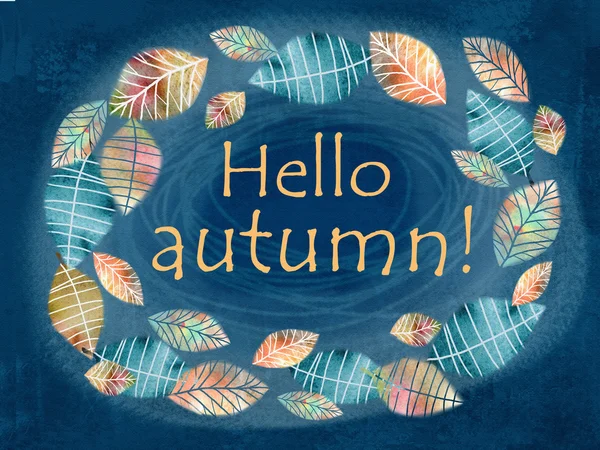 Hello autumn card. Hand drawn different colored autumn leaves. Illustration, sketch. Autumn design foliage frame with text. Floral background. Use for invitations, flyer, poster, greeting cards.