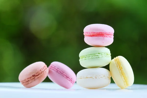 Lovely pastel colors Macarons with green blur background