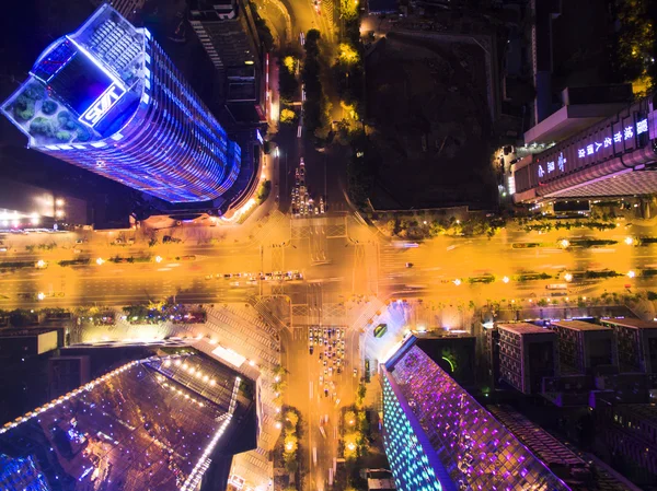 South Renmin road, Chengdu, Sichuan, China night aerial