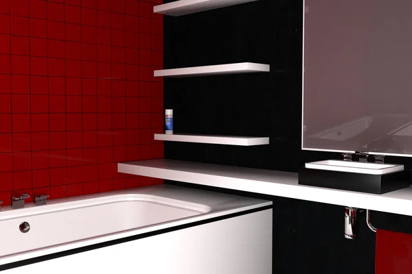 Bathroom fixtures and mirror in the red and black color