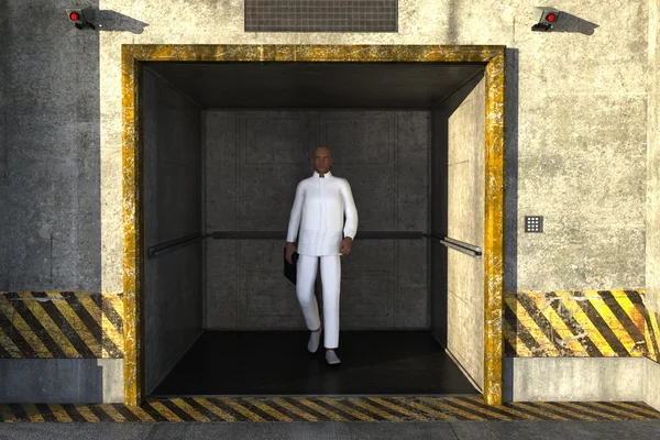 One young black man in a white suit, steps out of the Elevator