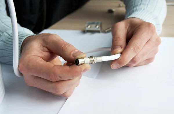 Closeup on Coaxial  Tv Cable Repair to Transmit Satellite Signal