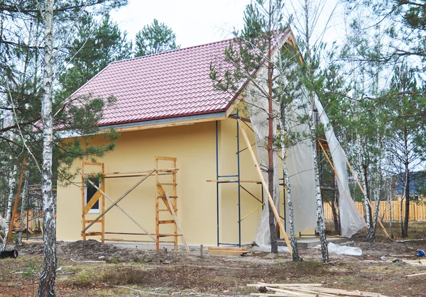 Construction or repair of the rural house with balcony, eaves, windows, chimney, roofing, fixing facade, insulation, plastering and using color. House construction.