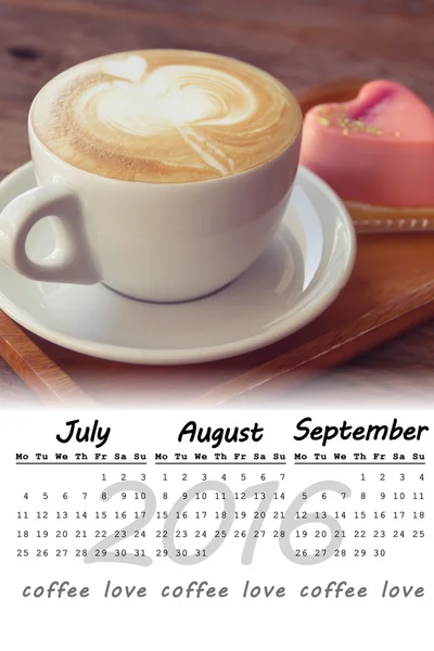 July, August, September, 2016 calendar with Coffee love background, weeks start from Monday