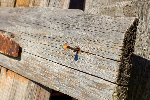 Rusty nail on a wooden old door