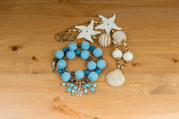 Crochet blue and beige beads handmade