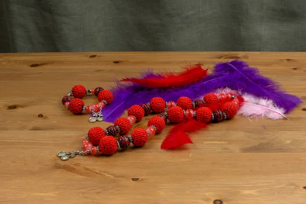 Crochet handmade red necklace and bracelet with pendants cherry