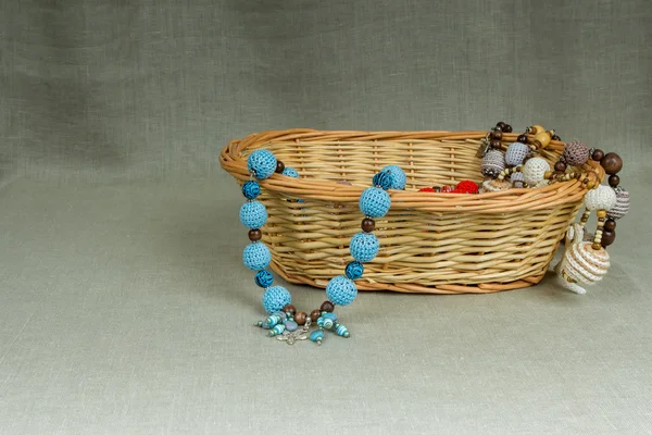 Crochet beads handmade in a wicker basket