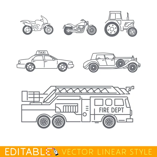 Transportation icon set include Fire truck Old luxury car Taxi Tractor Cruiser motorbike and Sport motorcycle.