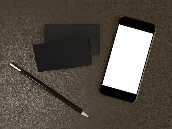 Black business cards blank and smartfon mockup on leather background