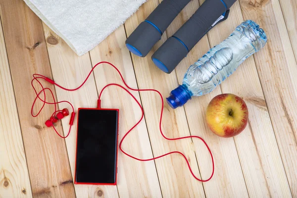 Sport Equipment. Dumbbells, Water, Towel.