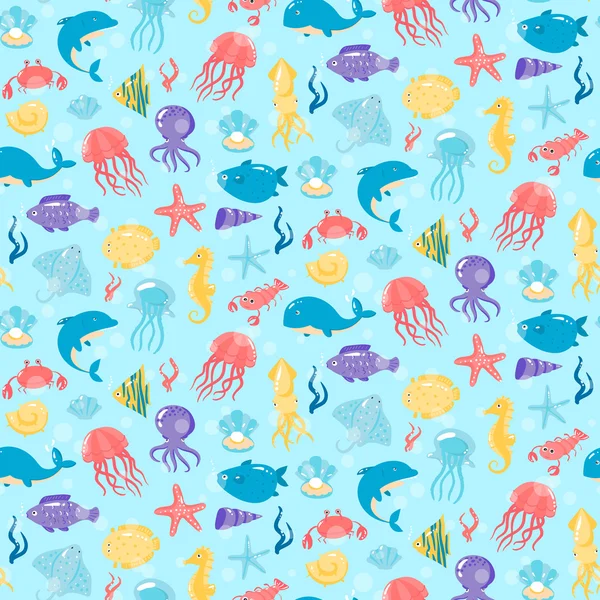 Seamless pattern with different sea underwater animals in cute c