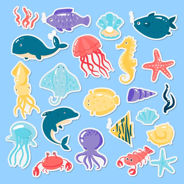 Sticker set of different underwater sea animals in cartoon style