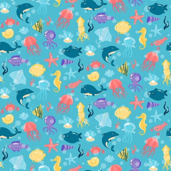 Seamless pattern with different sea underwater animals in cute c
