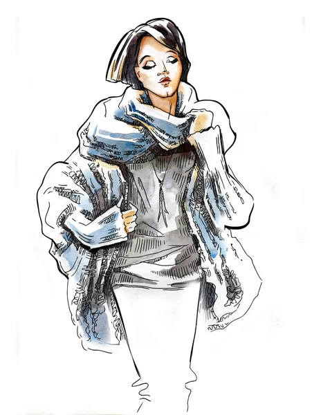 Sketch of girl wearing in winter clothes.