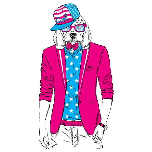 The dog with the human body in fashionable clothes. Vector illustration for greeting card, poster, or print on clothes. Fashion & Style. Hipster.