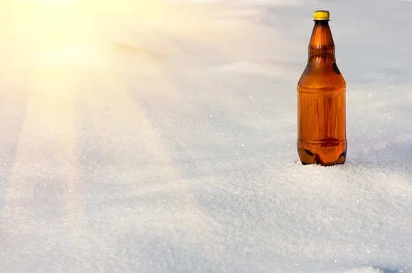 Beer in plastic bottles on snow