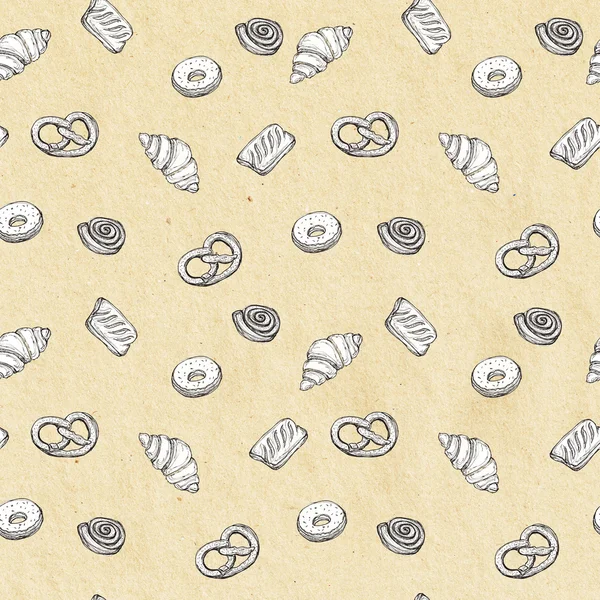 Seamless pattern background sketch of bakery products - croissant, puff, donut, bun, brezel Design element for for textiles, advertising, brochures, menu