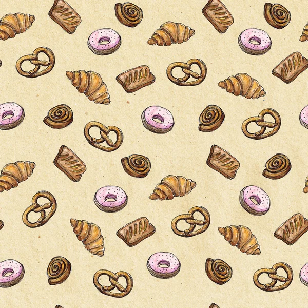 Watercolor Seamless pattern background sketch of bakery products - croissant, puff, donut, bun, brezel Design element for for textiles, advertising, brochures, menu