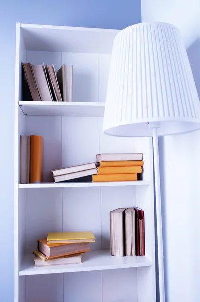 Wood shelf with book. a bookcase with books from floor lamp.