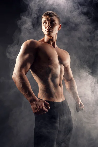 Handsome power athletic man bodybuilder. Fitness muscular body on dark smoke background. Perfect male. Awesome bodybuilder, tattoo, posing.