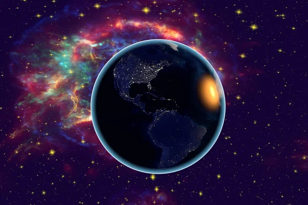 Americas in night from space on surrealistic background