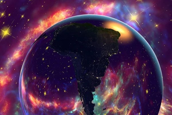 South America from space on surrealistic background