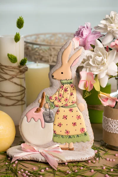 Rabbit shaped easter gingerbred, flowers, holiday spring celebration, decorated table