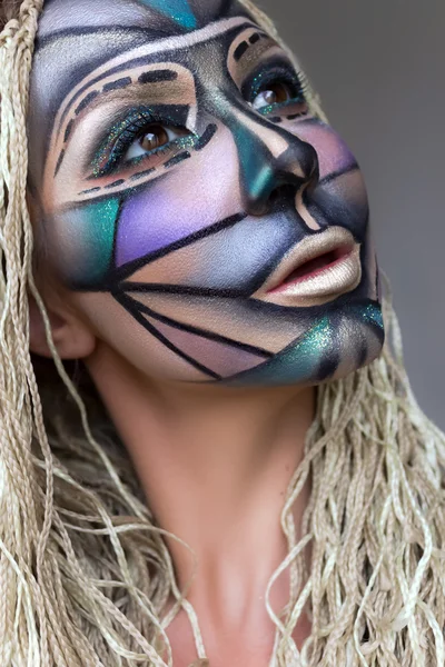 The creative, bright, graphic art makeup.  Multi-colored wild look with braids.
