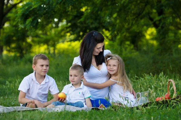 Family in the park sitting on the grass and eating apples and snacks