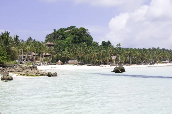 Tropical beach with coconut palm tree, white sand and turquoise sea water, Philippines, Boracay