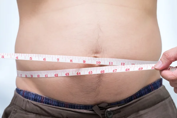 Fat asian man use waist measure for his belly