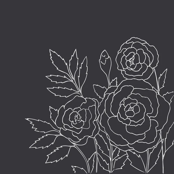 Beautiful roses isolated on black background. Hand drawn vector illustration with flowers. Retro floral card. Romantic delicate bouquet. Element for design. Contour lines. Chalkboard imitation.