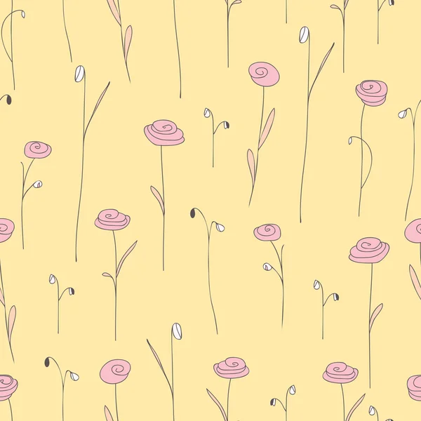 Seamless pattern with pink flowers. Yellow background with stylized doodle roses. Elegant template for fashion prints. Vector illustration. Cute vintage floral backdrop for summer or spring design.