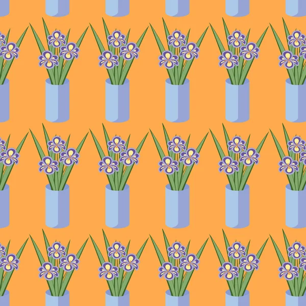 Vector seamless pattern with bouquets of iris flowers in blue vase on the orange background. Vintage texture. Botanical backdrop.