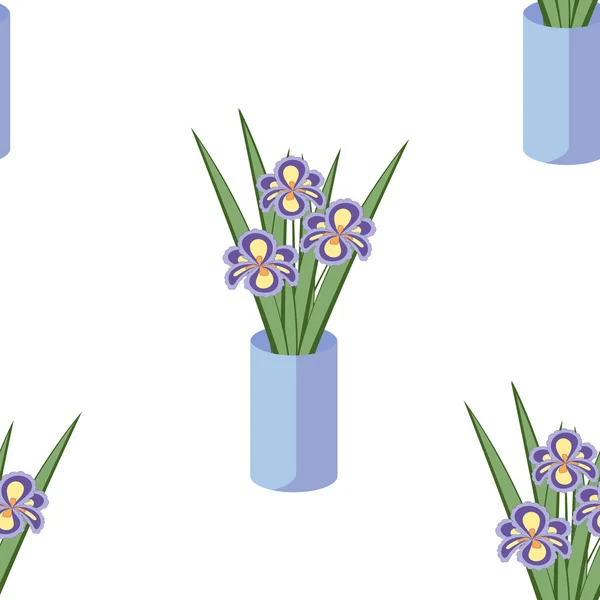 Vector seamless pattern with bouquets of iris flowers in blue vase on the white background. Vintage texture. Light botanical backdrop.