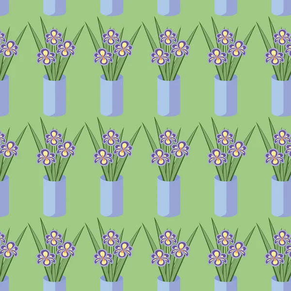 Vector seamless pattern with bouquets of iris flowers in blue vase on the green background. Vintage texture. Botanical backdrop.