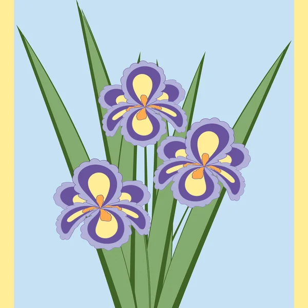 Vector illustration of bouquet of iris flowers. Card of purple abstract flowers with leaves on the light blue background.